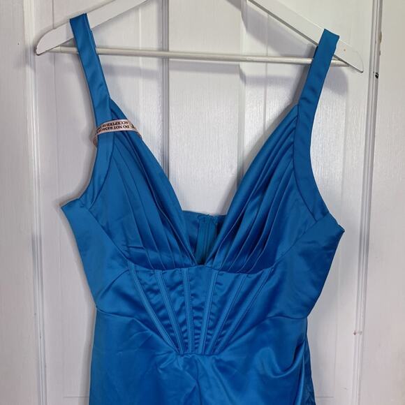 Style of CB V-neck Blue Sleeveless Side Split Ruched Midi Dress NEW W-675 Sz M - Picture 6 of 14